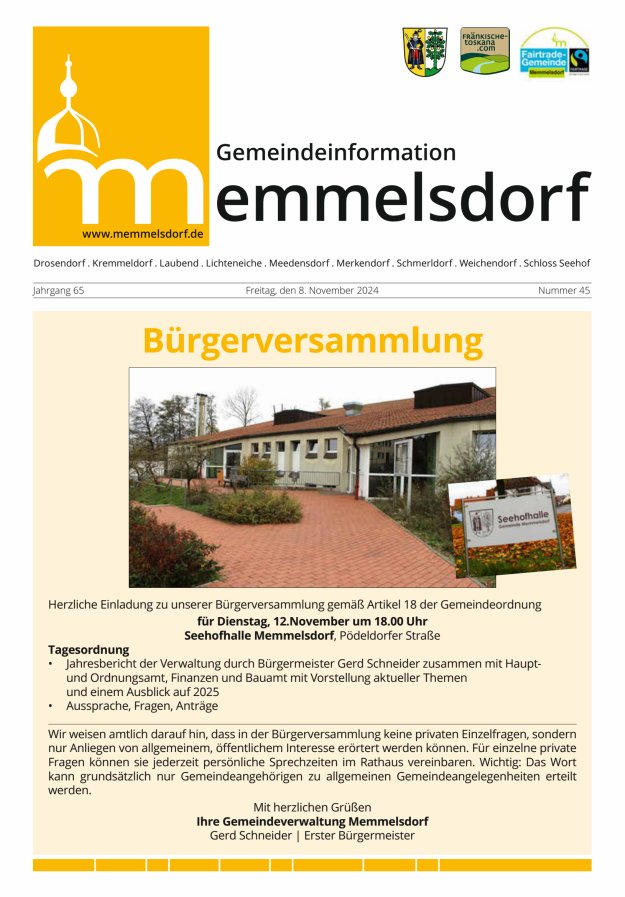 Mitteilungsblatt der Gemeinde Memmelsdorf Titelblatt 45/2024