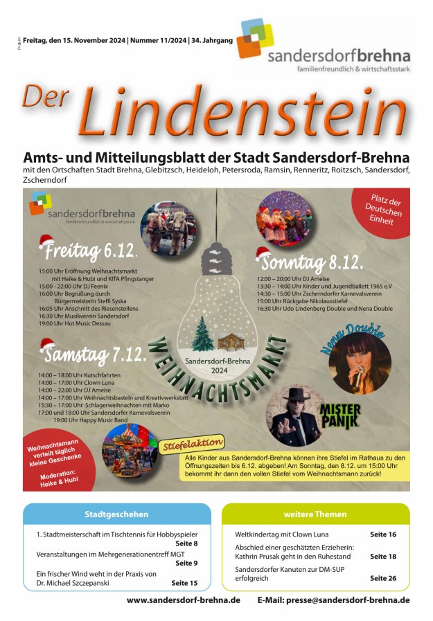 Der Lindenstein Amts- und Mitteilungsblatt der Stadt Sandersdorf-Brehna Titelblatt 11/2024