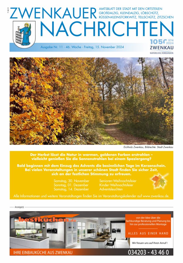 Zwenkauer Nachrichten - Amtsblatt der Stadt mit ihren Ortsteilen Titelblatt 11/2024