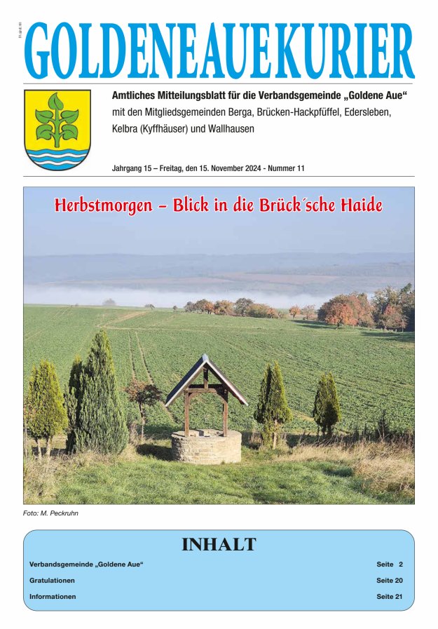 Goldene Aue Kurier – Amtliches Mitteilungsblatt für die Verbandsgemeinde "Goldene Aue" Titelblatt 11/2024
