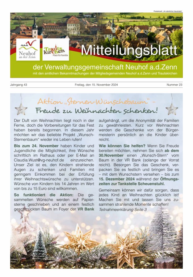 Mitteilungsblatt der Verwaltungsgemeinschaft Neuhof an der Zenn mit den amtlichen Bekanntmachungen der Mitgliedsgemeinden Neuhof an der Zenn und Trautskirchen Titelblatt 23/2024
