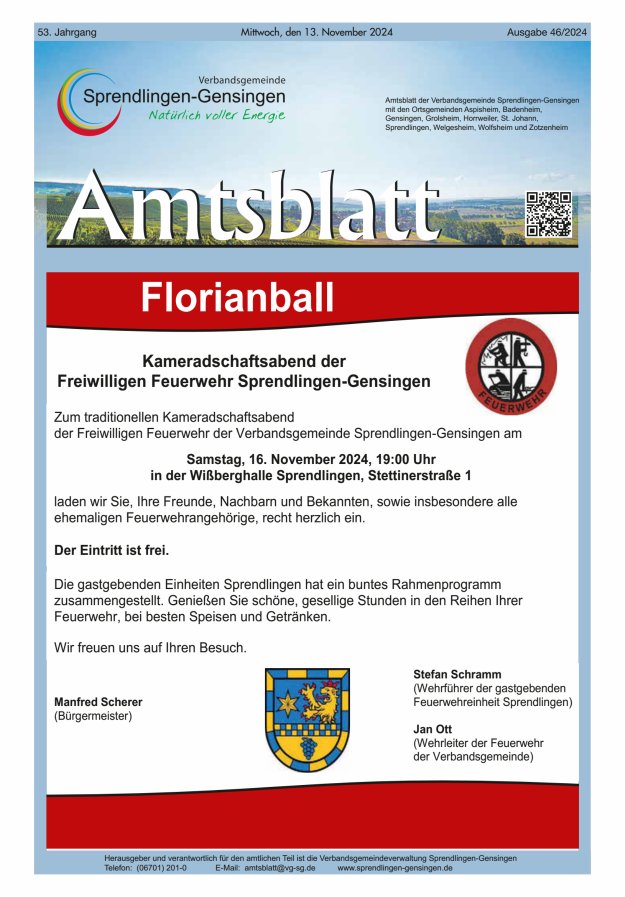 Amtsblatt VG Sprendlingen-Gensingen Titelblatt 46/2024