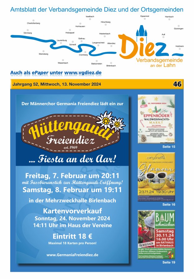 Mitteilungsblatt der Verbandsgemeinde Diez und der Ortsgemeinden Titelblatt 46/2024