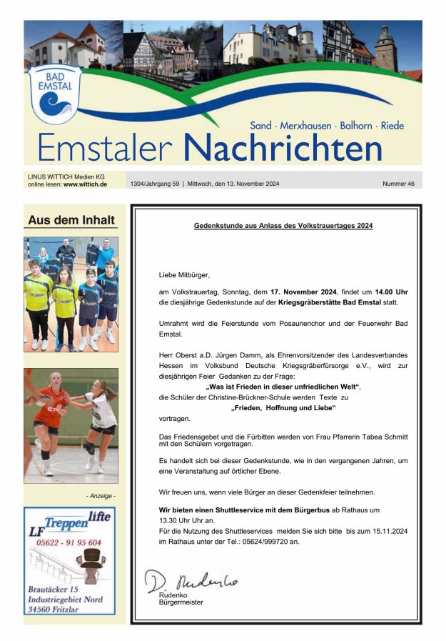 Emstaler Nachrichten Titelblatt 46/2024