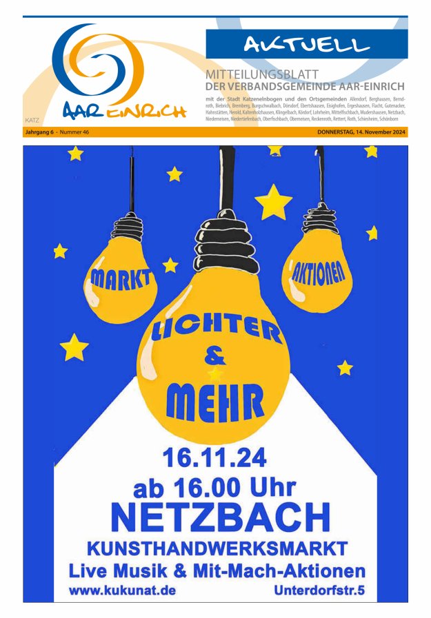 Mitteilungsblatt der Verbandsgemeinde Aar-Einrich Ausgabe Katzenelnbogen Titelblatt 46/2024