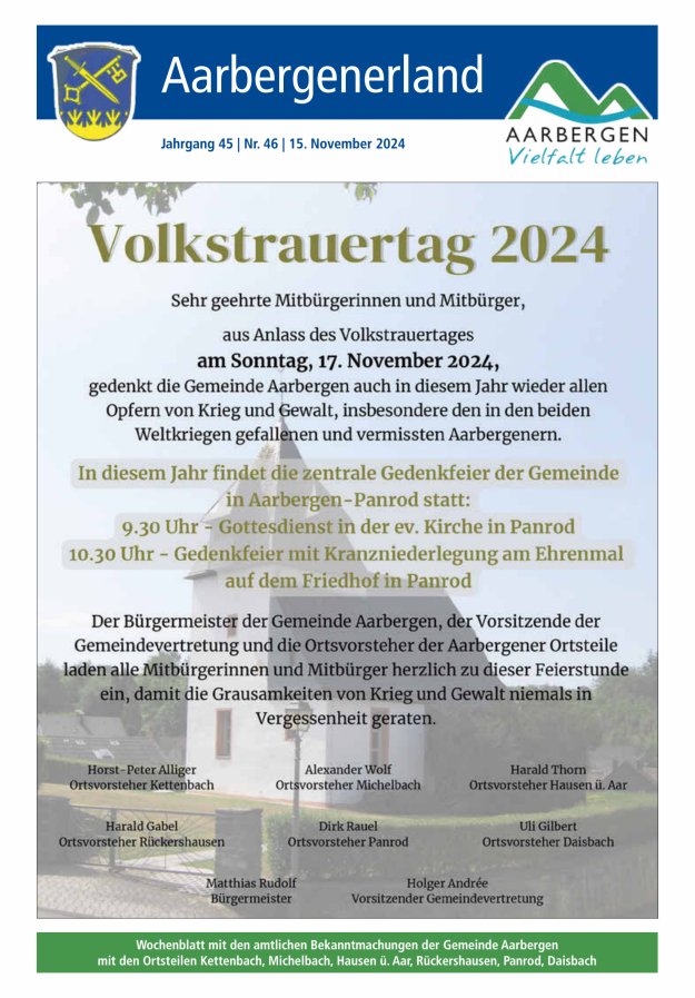 Aarbergenerland - Wochenblatt mit den amtlichen Bekanntmachungen Titelblatt 46/2024