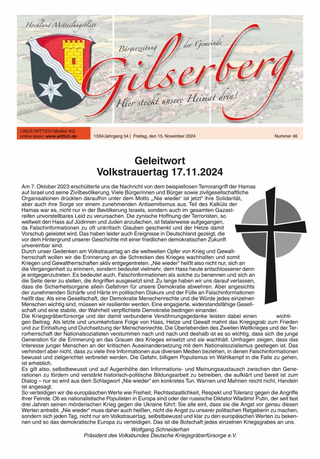 Hochland Mitteilungsblatt Gilserberg Titelblatt 46/2024