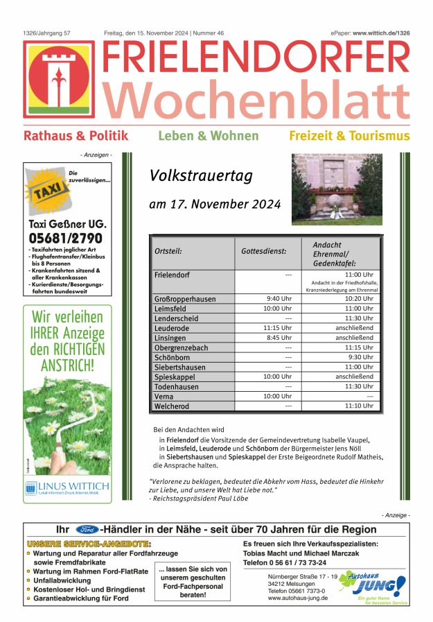 Frielendorfer Wochenblatt Titelblatt 46/2024