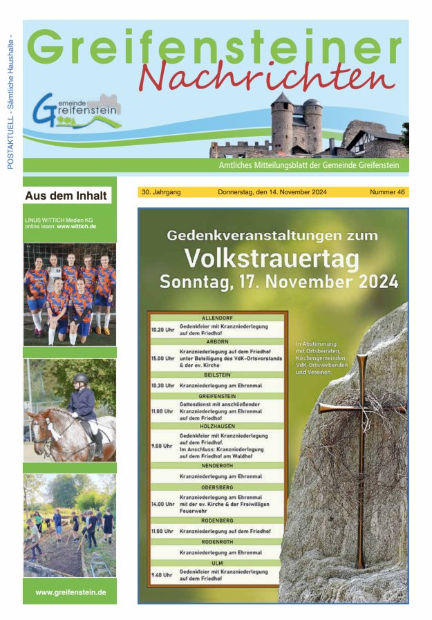 Mitteilungsblatt der Gemeinde Greifenstein Titelblatt 46/2024