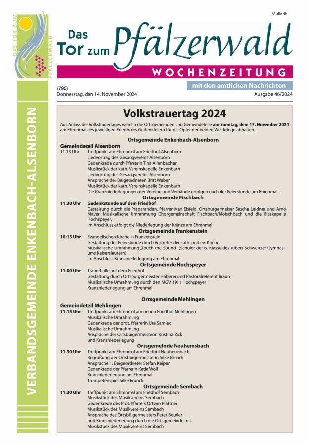Das Tor zum Pfälzer Wald - VG Enkenbach-Alsenborn Titelblatt 46/2024