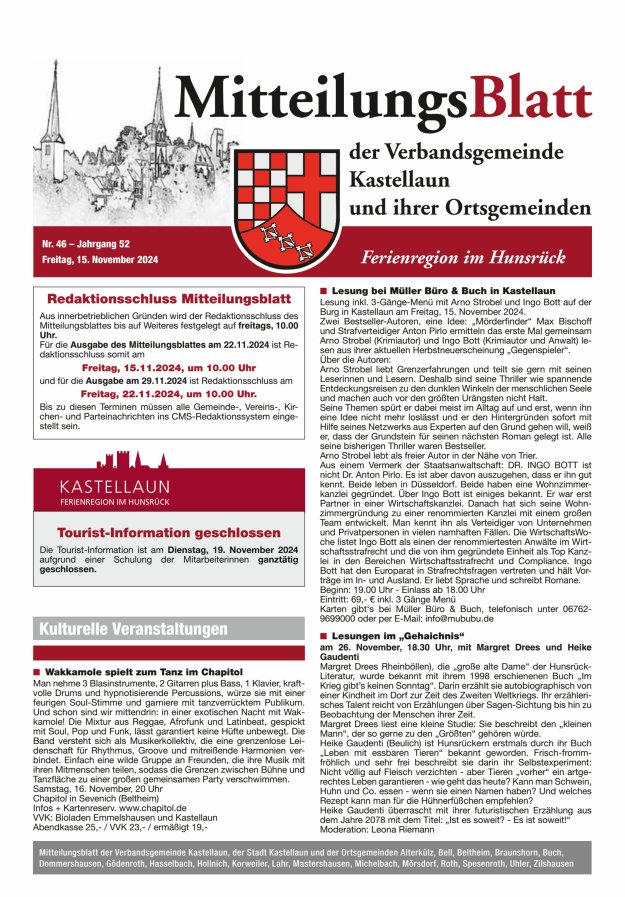 Mitteilungsblatt Kastellaun Titelblatt 46/2024