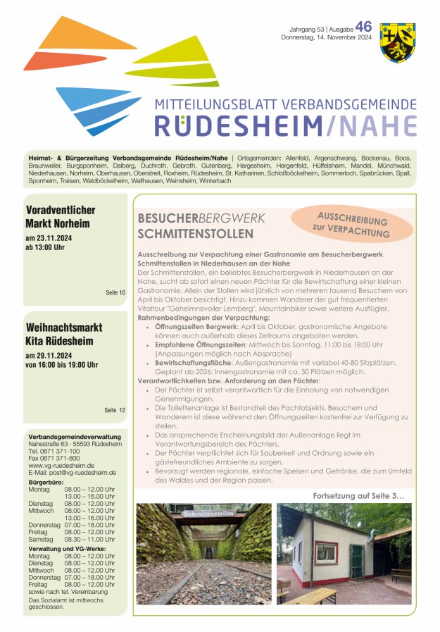 Mitteilungsblatt Verbandsgemeinde Rüdesheim und zugehörige Ortsgemeinden Titelblatt 46/2024