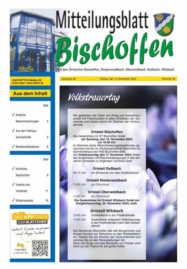 Mitteilungsblatt für die Gemeinde Bischoffen Titelblatt 46/2024