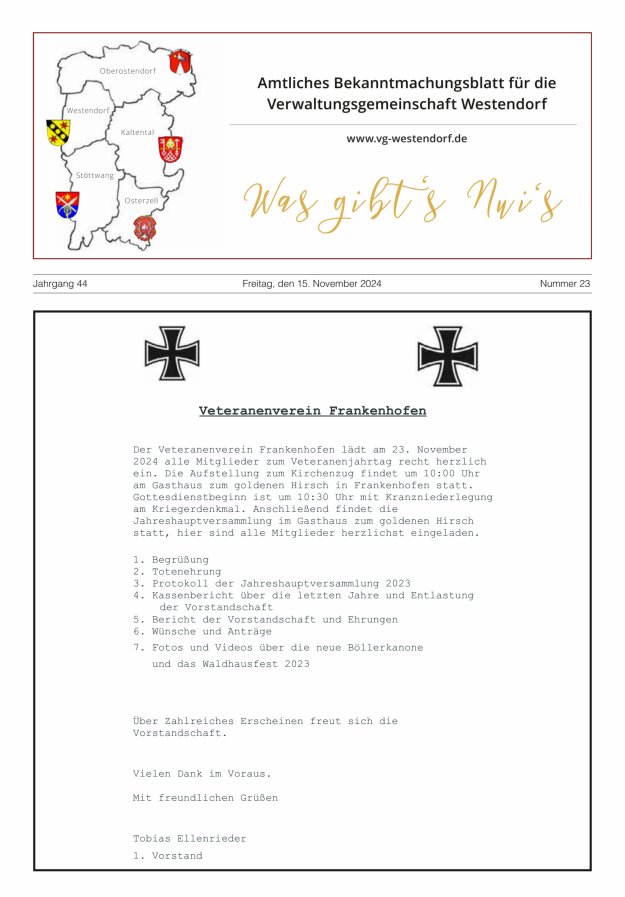 Was gibt's Nui's Amtliches Bekanntmachungsblatt für die VG Westendorf Titelblatt 23/2024