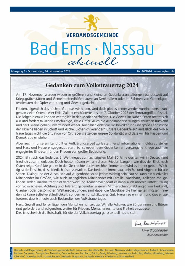Bad Ems-Nassau aktuell Ausgabe Bad Ems Titelblatt 46/2024
