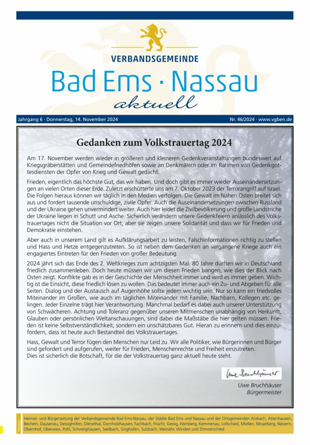 Bad Ems-Nassau aktuell Ausgabe Nassau Titelblatt 46/2024