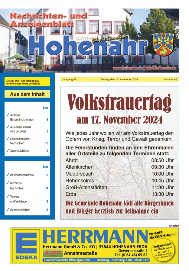 Nachrichten- und Anzeigenblatt für die Gemeinde Hohenahr Titelblatt 46/2024