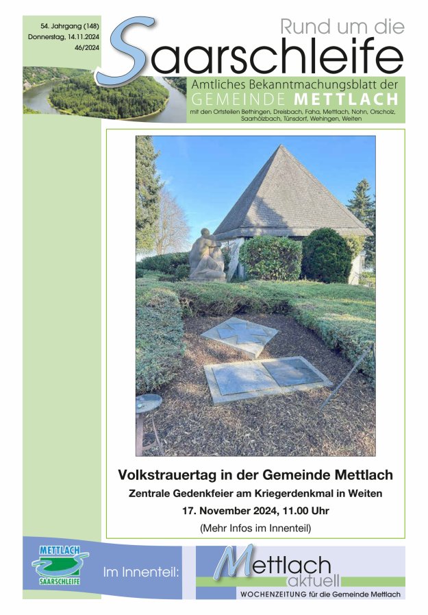 Rund um die Saarschleife Gemeinde Mettlach Titelblatt 46/2024