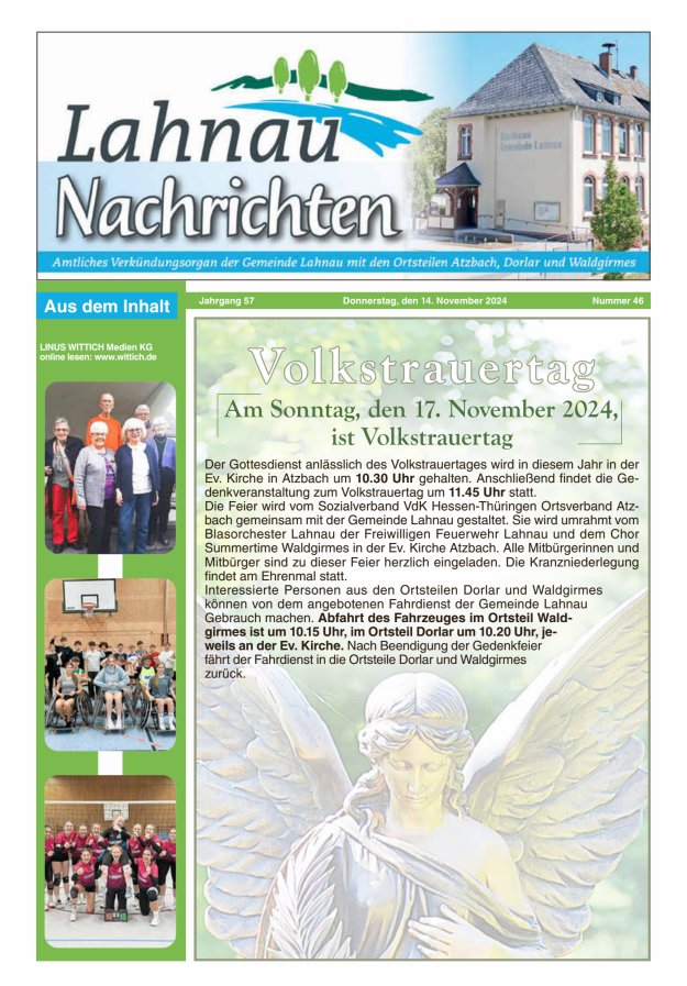 Lahnau Nachrichten Titelblatt 46/2024