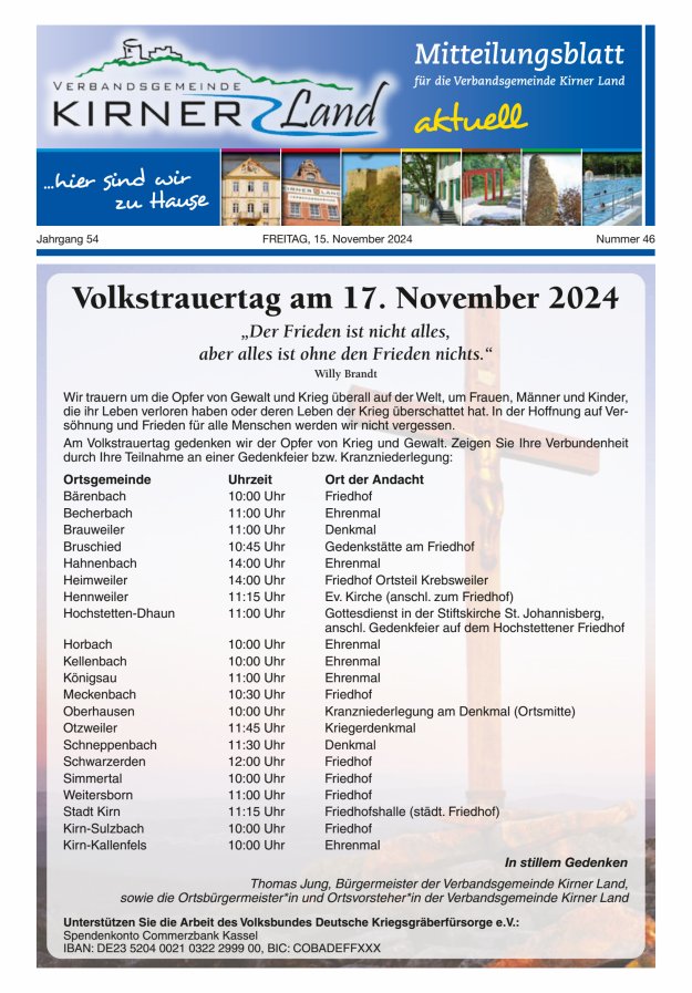 Mitteilungsblatt für den Bereich der Verbandsgemeinde Kirner Land Titelblatt 46/2024