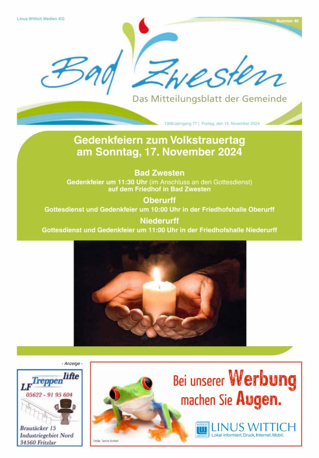 Heimatzeitung Bad Zwesten Titelblatt 46/2024