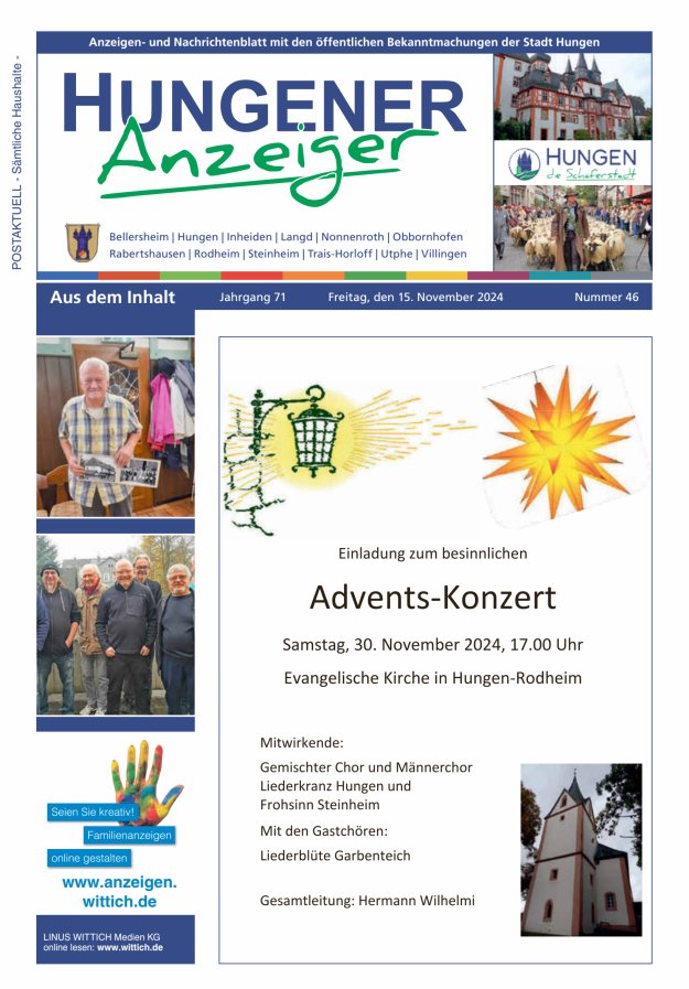 Anzeigen- und Nachrichtenblatt mit den öff  Bekanntmachungen der Stadt Hungen Titelblatt 46/2024