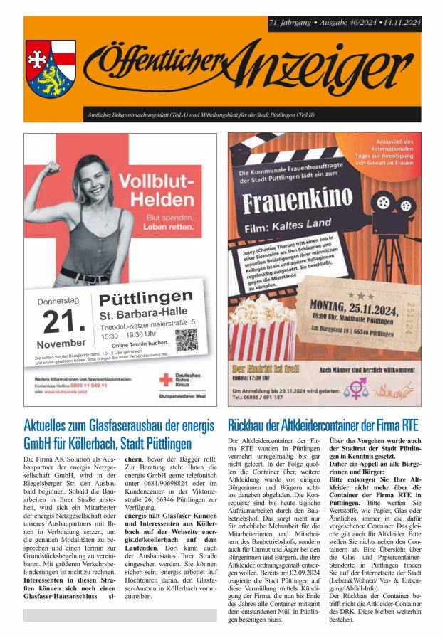 Öffentlicher Anzeiger - Stadt Püttlingen Titelblatt 46/2024