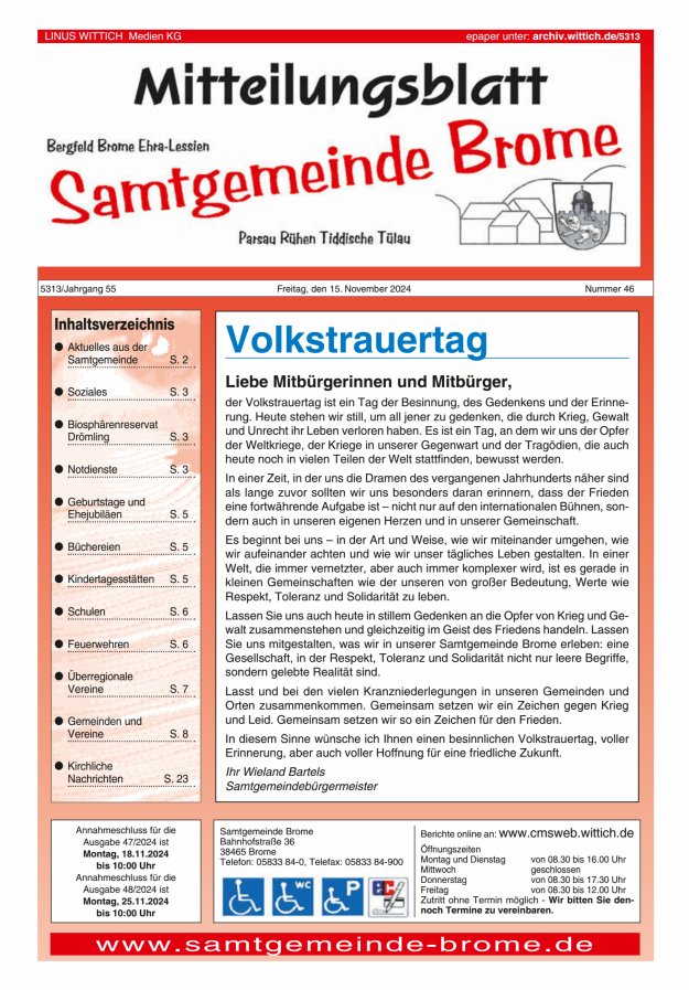 Mitteilungsblatt der Samtgemeinde Brome Titelblatt 46/2024
