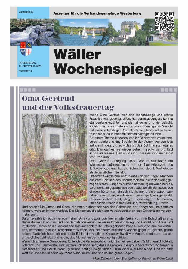 Wäller Wochenspiegel - Anzeiger für die Verbandsgemeinde Westerburg Titelblatt 46/2024