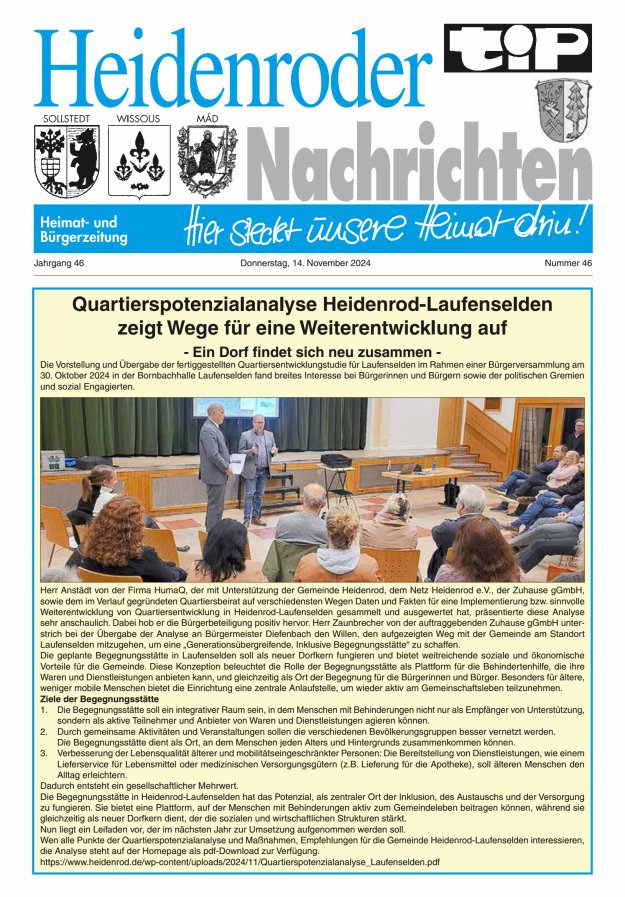 "tip" Heidenroder Nachrichten Titelblatt 46/2024