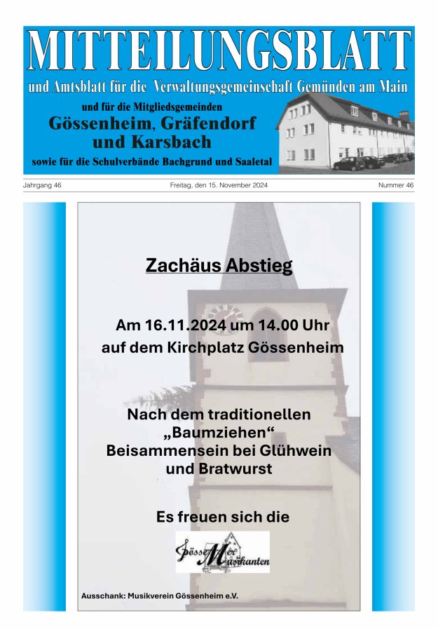 Mitteilungsblatt der VG Gemünden a Main Titelblatt 46/2024