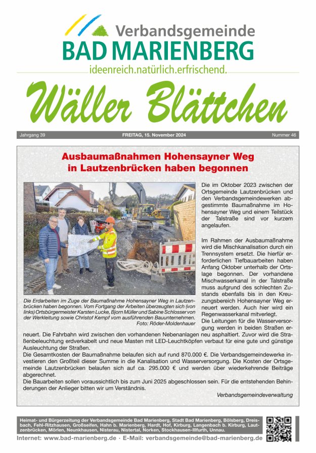 Wäller Blättchen - Verbandsgemeinde Bad Marienberg Titelblatt 46/2024