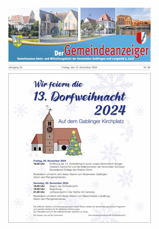Der Gemeindeanzeiger - Gablingen Langweid Titelblatt 46/2024