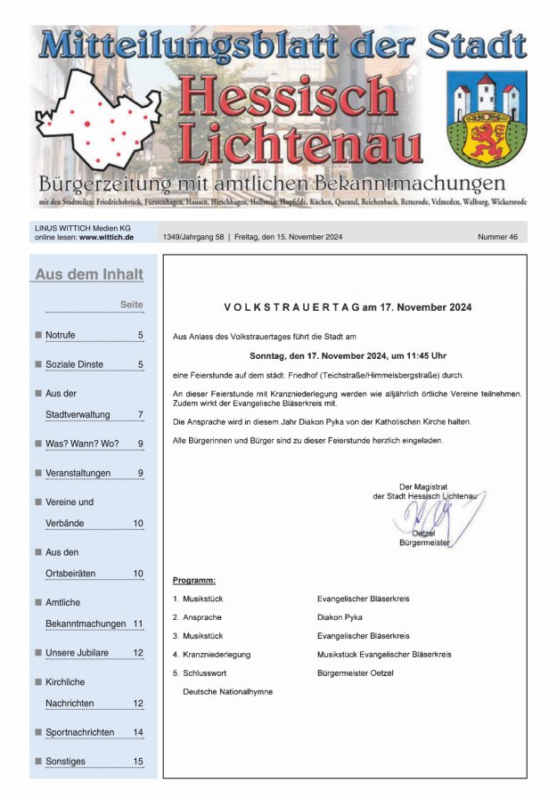 Mitteilungsblatt der Stadt Hess Lichtenau Titelblatt 46/2024