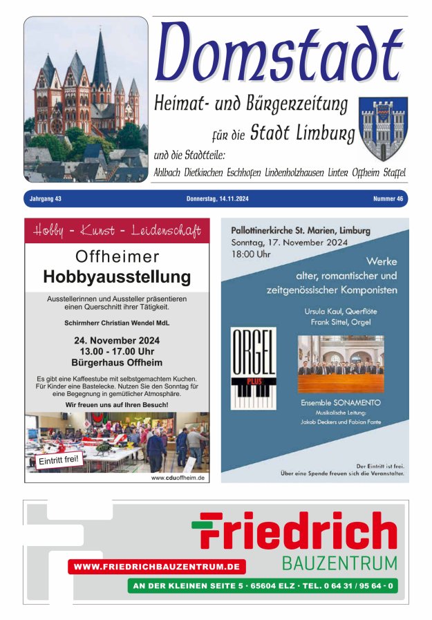Domstadt - Heimat- und Bürgerzeitung für die Stadt Limburg Titelblatt 46/2024