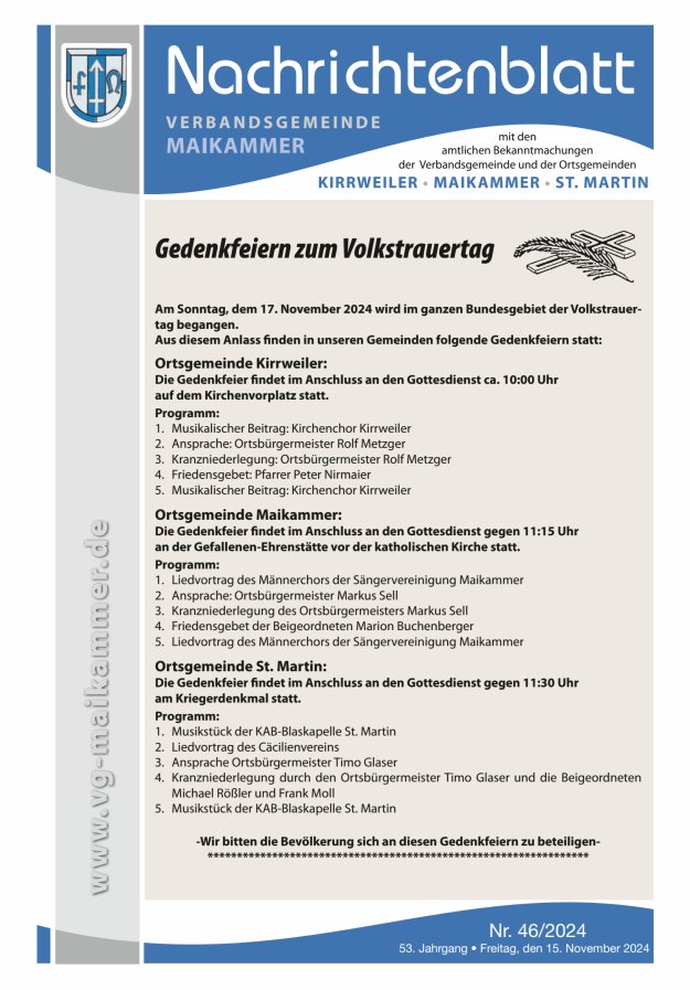Nachrichtenblatt VG Maikammer Titelblatt 46/2024