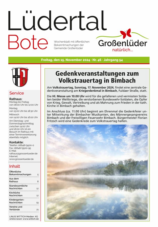 Wochenblatt mit öffentlichen Bekanntmachungen der Gemeinde Großenlüder Titelblatt 46/2024