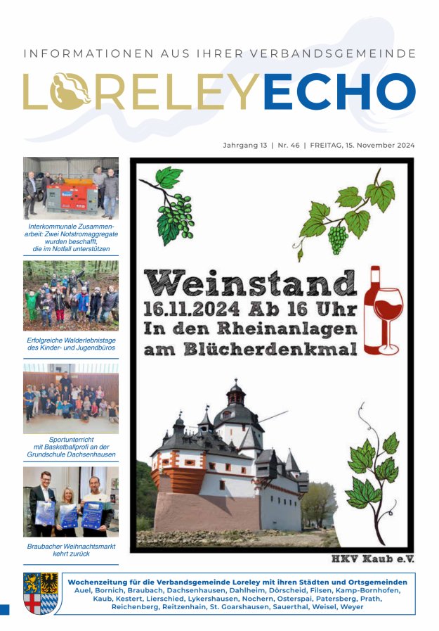 Loreley-Echo - Mitteilungsblatt der Verbandsgemeinde Loreley (Braubach) Titelblatt 46/2024