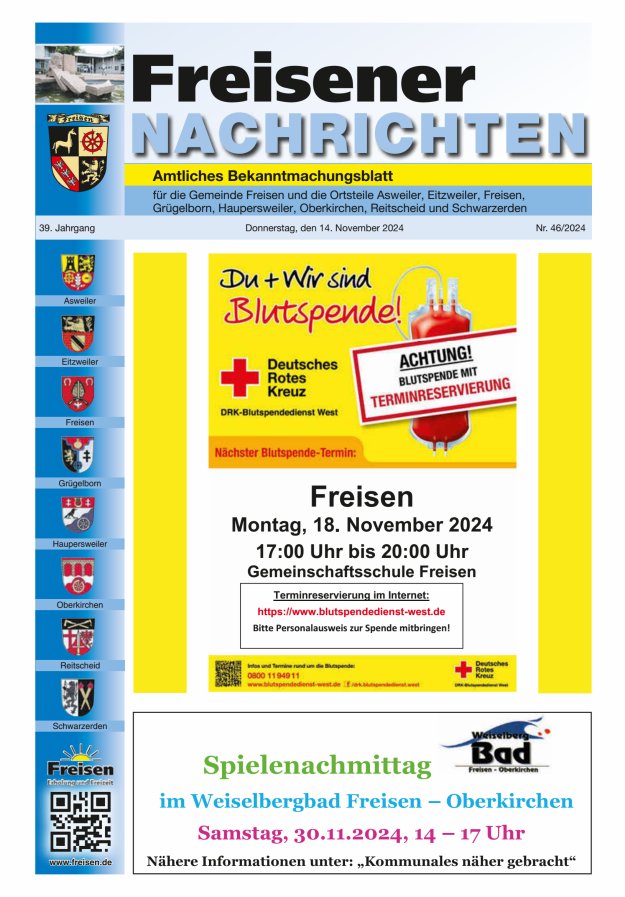 Freisener Nachrichten Titelblatt 46/2024