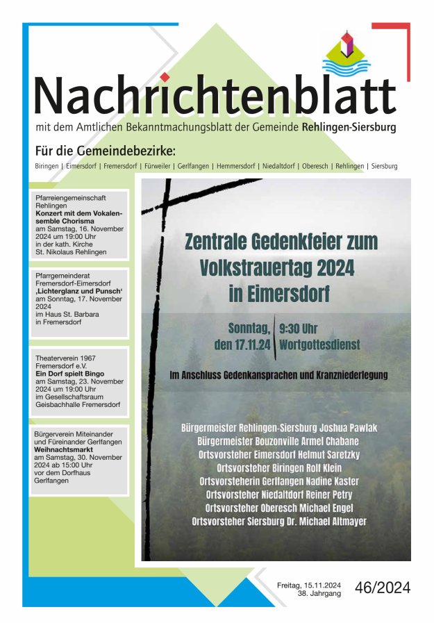 Nachrichtenblatt Rehlingen-Siersburg Titelblatt 46/2024