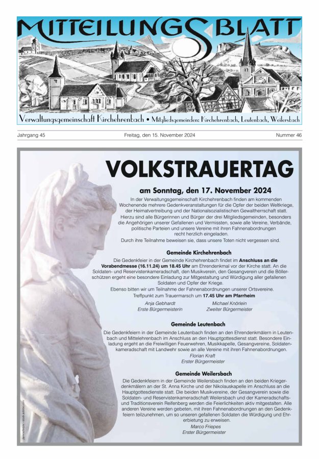 Mitteilungsblatt Verwaltungsgemeinschaft Kirchehrenbach Titelblatt 46/2024