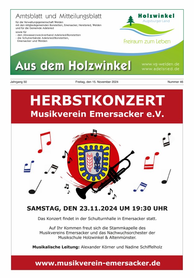 Aus dem Holzwinkel Amtsblatt u Mitteilungsblatt f VG Welden u GemAdelsried Titelblatt 46/2024