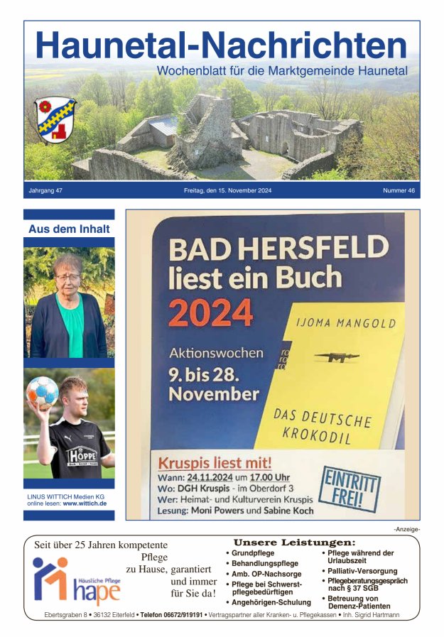 Haunetal-Nachrichten Titelblatt 46/2024
