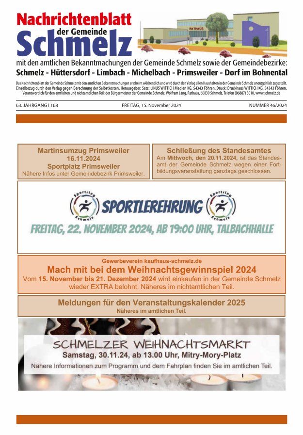 Nachrichtenblatt Schmelz Titelblatt 46/2024