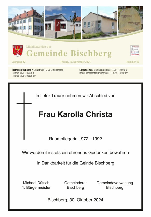 Mitteilungsblatt der Gemeinde Bischberg Titelblatt 46/2024