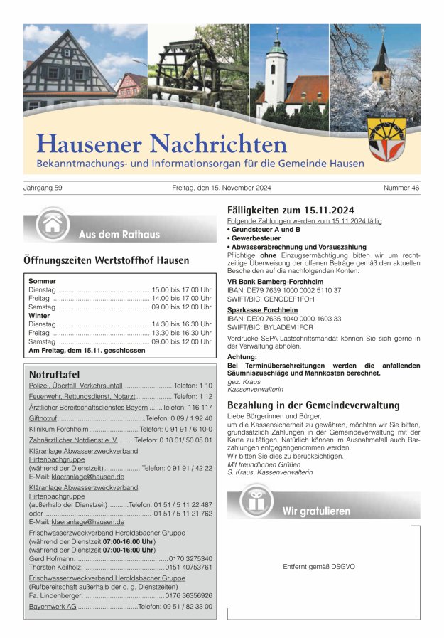 Hausener Nachrichten Titelblatt 46/2024
