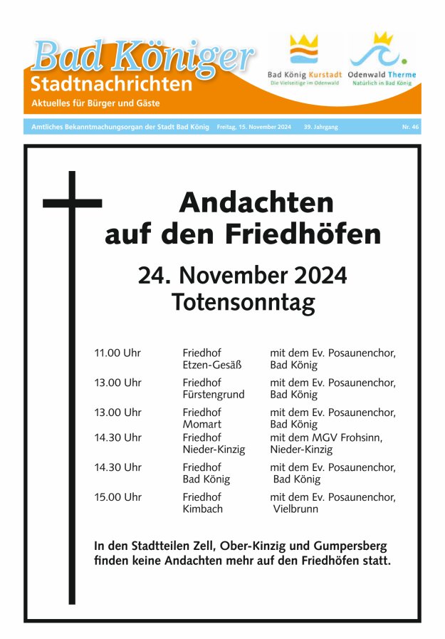 Bad Königer Stadtnachrichten und Badeblatt Titelblatt 46/2024
