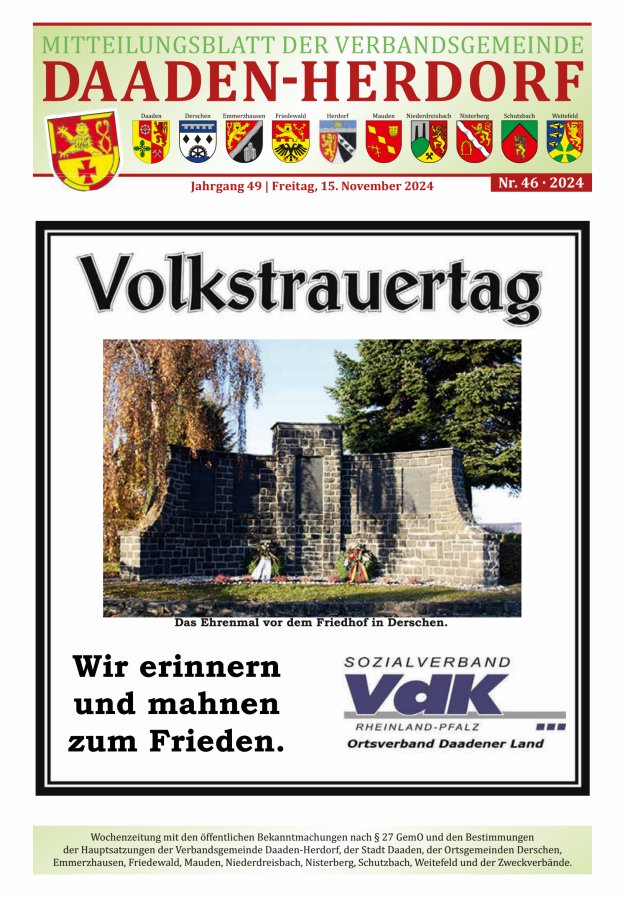 Mitteilungsblatt der Verbandsgemeinde Daaden-Herdorf Titelblatt 46/2024