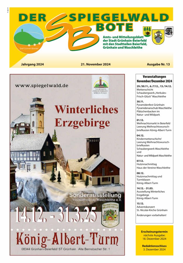 Der Spiegelwaldbote - Amts- und Mitteilungsblatt der Gemeinde Grünhain-Beierfeld  Titelblatt 13/2024