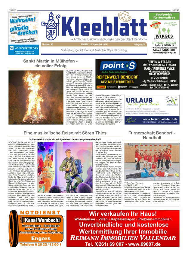 Kleeblatt - Amtliches Bekanntmachungsorgan der Stadt Bendorf Titelblatt 46/2024